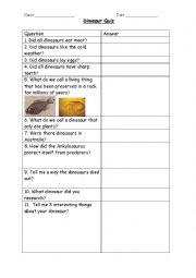 English Worksheet: Dinosaur Quiz