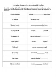 English Worksheet: Decoding the meaning of words with Prefixes