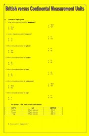 English Worksheet: British versus Continental Units of Measurement