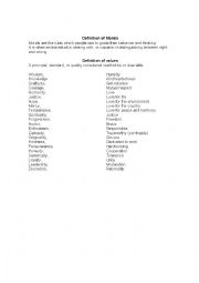 English Worksheet: List of values and morals