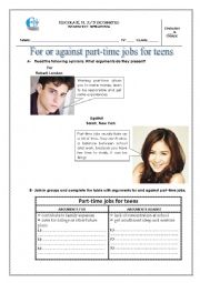 English Worksheet: Debate for and against part-time jobs for teens