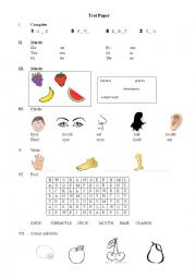 English Worksheet: numbers, fruits and body parts revision