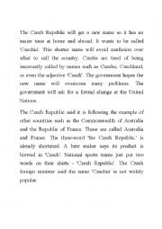 English Worksheet: New Article Work Sheet on the Czech Republic