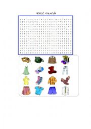 English Worksheet: Clothes word search