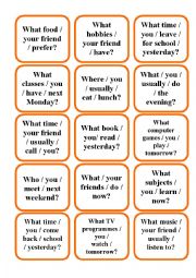 English Worksheet: QUESTION CARDS (PRESENT SIMPLE/CONTINUOUS, PAST SIMPLE, PRESENT PERFECT, GOING TO)
