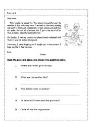 English Worksheet: Reading comprehension on postcards