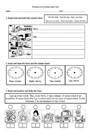 English Worksheet: Daily Routine, Place Prepositions & Food Test