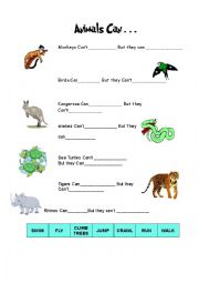 English Worksheet: ANIMALS CAN, CANT