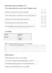 English Worksheet: Questions (test) HUMANS ARE LIVING ORGANISMS