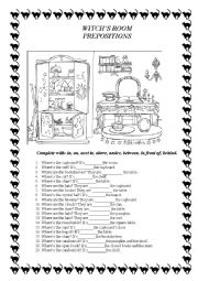 English Worksheet: Prepositions. A witchs room