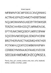 English Worksheet: Family relationship and gender noun wordsearch