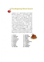 English Worksheet: thankgiving word search