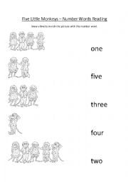 English Worksheet: Five Little Monkeys Song Worksheet Number Words Reading