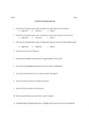 English Worksheet: US Government