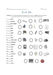 English Worksheet: A or An-School Tools 