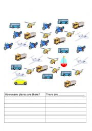 English Worksheet: How many (trains/cars... ) are there? Transportation. There is/there are