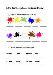 English Worksheet: Test about colours numbers and family