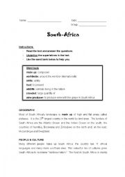 English Worksheet: Reading comprehension on South Africa