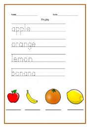 English Worksheet: Fruit Label and Writing Practice