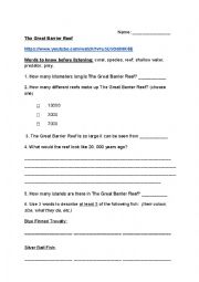English Worksheet: The Great Barrier Reef Listening Comprehension