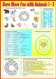 English Worksheet: Have more fun with animals 5  + KEY