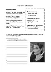 English Worksheet: Possession + Contraction Activity - Celebrity Article