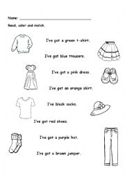 English Worksheet: CLOTHES-- Read, color and match. 