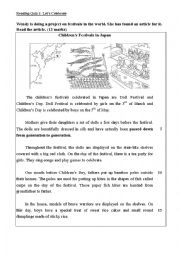 English Worksheet: S1 Reading Quiz 2_ Childrens Festivals in Japan