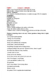 English Worksheet: Unit 4 Lesson 2 Attitudes FOR Bac students