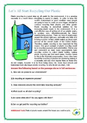 English Worksheet: Lets All Start Recycling Our Plastic!