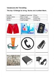 Vocabulary for the top 12 things to bring for a Vacation