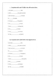 English Worksheet: Verb TO BE - affirmative and negative form