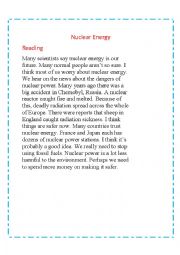 English Worksheet: NUCLEAR ENERGY