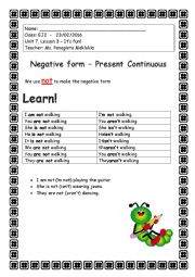 English Worksheet: Present Continuous Negative