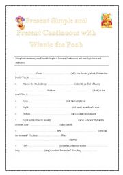 English Worksheet:  	Present Simple and Present Continuous with Winnie the Pooh