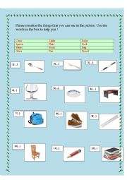 English Worksheet: Please mention the things that you can see in the picture. Use the words in the box to help you !