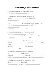 English Worksheet: 12 days of christmas song, fill in gaps