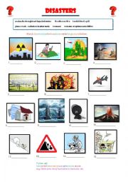 English Worksheet: Disasters: Picture matching and reading comprehension