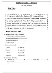 English Worksheet: Mid Term Test n 1 - 6th form