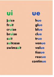 English Worksheet: List of ui ue words. Long vowel u.