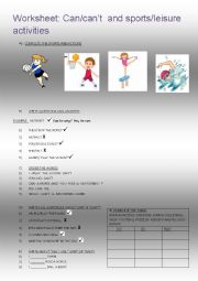 English Worksheet: Worksheet: Can/cant  and sports/leisure activities