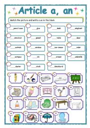 English Worksheet: article a, an