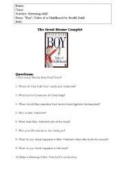 English Worksheet: Roald Dahls story BOY- listening test with questions
