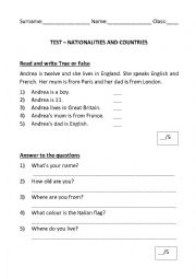 English Worksheet: Nationalities and countries