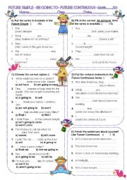 English Worksheet: Grammar test on :FUTURE SIMPLE- BE GOING TO - FUTURE CONTINUOUS