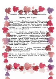 English Worksheet: Valentines Day Past Tense