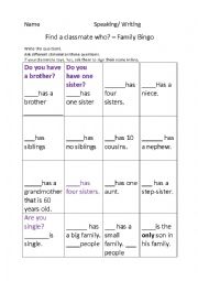 English Worksheet: Family Bingo