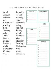 English Worksheet: Seasons, Time, Parts of the day, Days of the week, Months