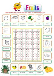 English Worksheet: FRUITS - WORDSEARCH