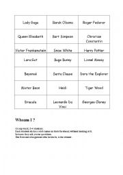 English Worksheet: Who am I? Celebrity game.